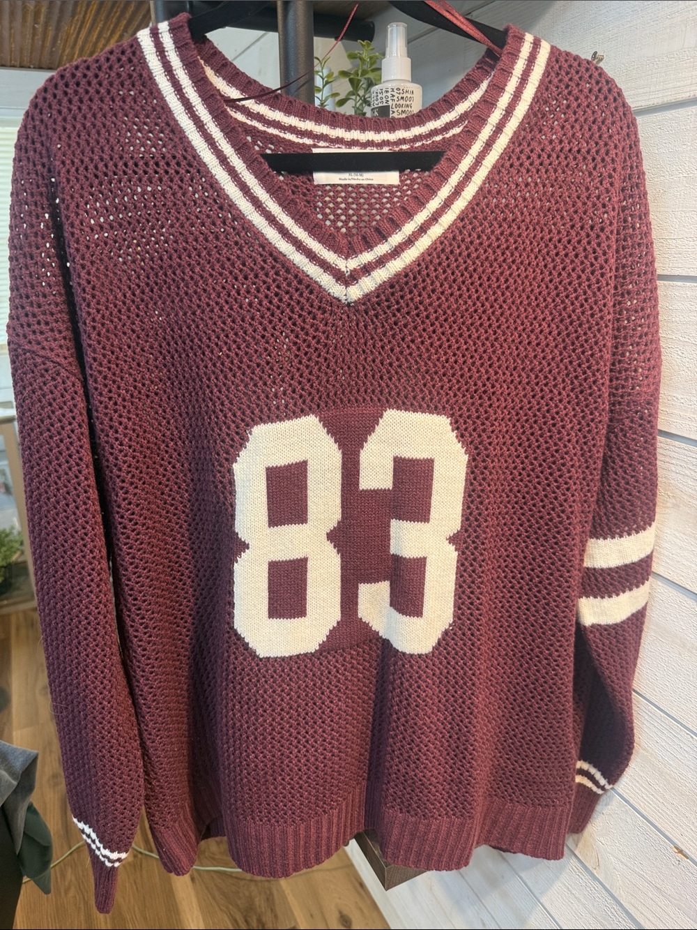 Maroon V-Neck Knit Sweater with 83 Graphic